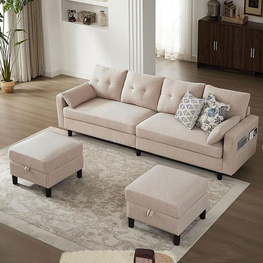101" Convertible Sectional Sofa, Modern Linen Fabric U-Shaped Couch with 2 Storage Ottomans and Storage Pocket, 4 Seat Sofa Couches for Living Room, Apartment, Office, Beige