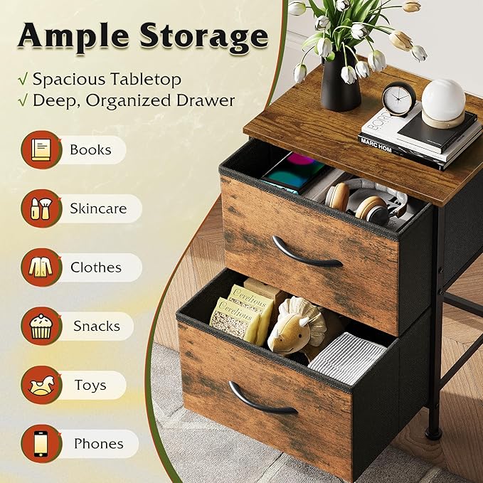 WLIVE Night Stand, Small Dresser with 2 Drawers & Wooden Top, Nightstand with Fabric Bins, Bedside Table End Table for Bedroom, Closet, Entryway, College Dorm, Rustic Brown
