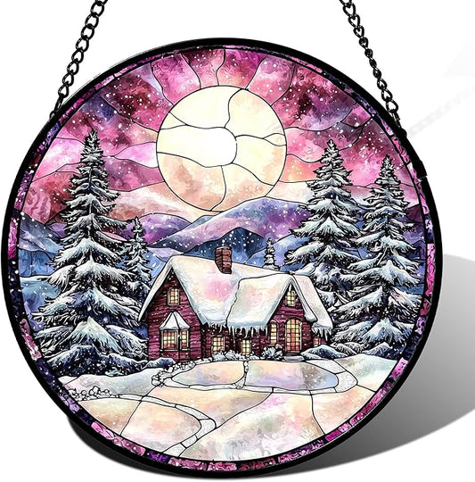 Stained Glass Window Hanging - Winter Snow Scene Cabin Moon Sun Catcher for Door Garden Home Decor Pine Tree Suncatcher Christmas Mother's Day Birthday Gifts for Women Men Mom Nana 9.8 in