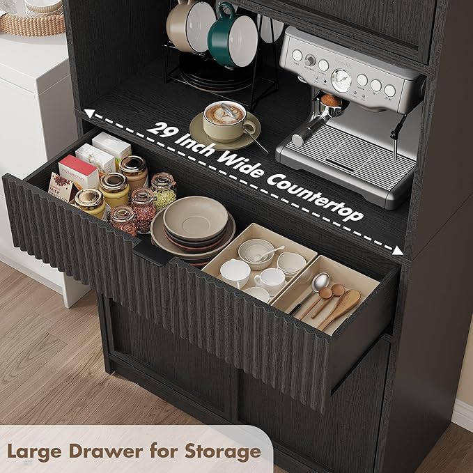 Garvee Tall Kitchen Pantry Cabinet, 70" Pantry Storage Cabinet with Countertop, Fluted Kitchen Hutch Cabinets with Doors and Drawer, Freestanding Cupboard for Dining Room, Living Room, Black