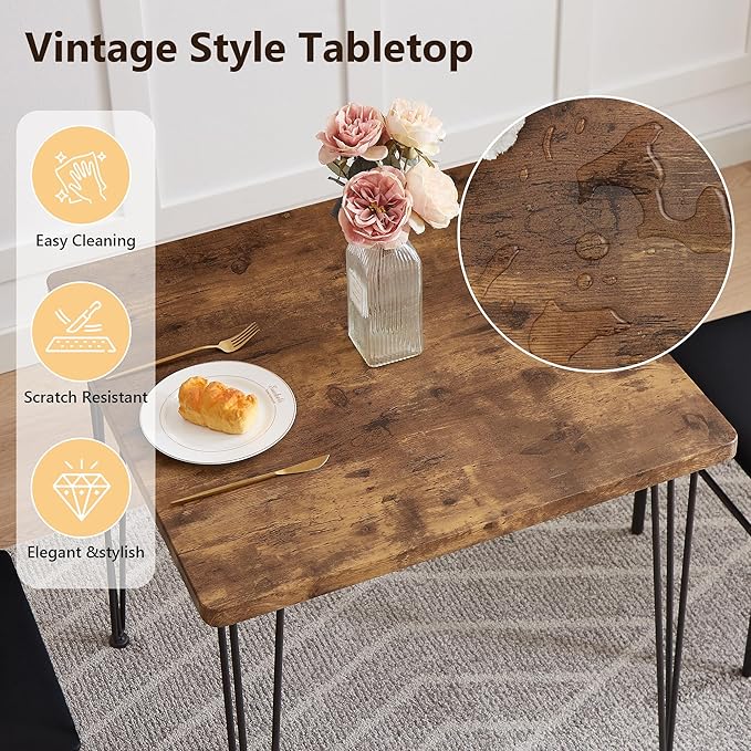 VECELO 3-Piece Dining Table Set for Home Kitchen Small Space Breakfast Nook, 2 Faux Leather Metal Frame Chairs,Brown,Set for 2