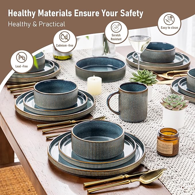 GBHOME Stoneware Dinnerware Sets for 8,Round Reactive Glaze Ceramic Plates and Bowls Set,Highly Scratch Resistant| Dishwasher & Microwave Safe Dishes Set,Service for 8(24pcs)
