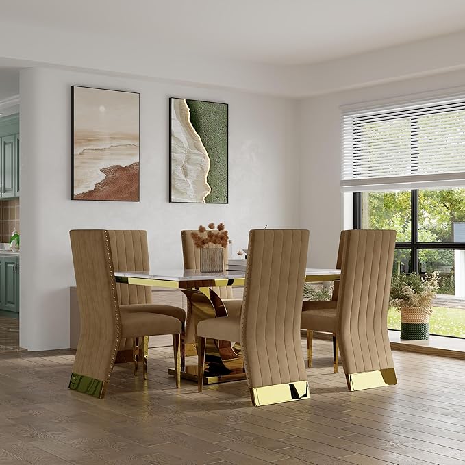 AUZ Dining Chairs with Nail Head Trim, Modern Velvet Upholstered Dining Room Chairs in Lovely Color with Polished Gold Stainless Steel Legs, Set of 4