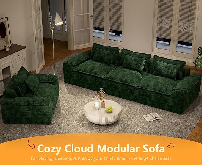 Hobestluk 120" Cloud Sectional Couch 3-Seater Sofa with Deep Seat Modular Sofa with Removable Cover Large Sofa Couch for Living Room (Green, 3-Seater Sofa)