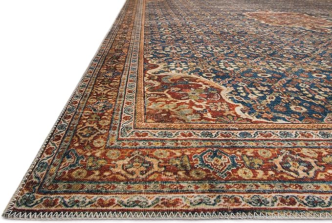 Loloi Layla Collection LAY-09 Cobalt Blue/Spice 2'-0" x 5'-0" .13" Thick Accent Rug, Soft, Durable, Vintage Inspired, Distressed, Low Pile, Non-Shedding, Easy Clean, Printed, Living Room Rug