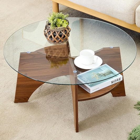 LKTART 31.5" Round Glass Coffee Table with Tempered Glass Top and MDF Base, Diagonal Fan-Shaped Tray Design Table Leg Simple & Modern Center Table for Living Room Office Apartment Walnut