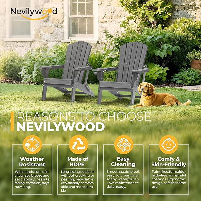 nevilywood Folding Adirondack Chair - Extended Ergonomic Backrest, Cup Holder - Easy Assembly - Durable HDPE Plastic, Weather Resistant & Maintenance-Free - Lawn, Patio, Deck Supports 380lbs Grey