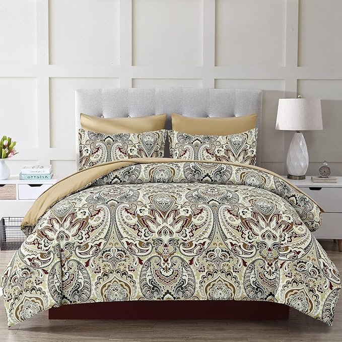 Boho Comforter Set Queen, 7 Pieces Bed in a Bag Comforter Boho Paisley Pattern Bedding Soft Microfiber Queen Size (1 Khaki Comforter, 1 Flat Sheet, 1 Fitted Sheet, 2 Pillow shams, 2 Pillowcases)