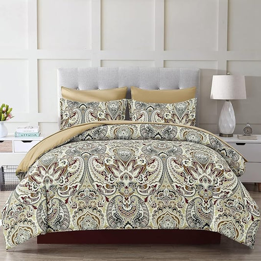 Boho Comforter Set King, 7 Pieces Bed in a Bag Comforter Boho Paisley Pattern Bedding Set Soft Microfiber King Size (1 Khaki Comforter, 1 Flat Sheet, 1 Fitted Sheet, 2 Pillow shams, 2 Pillowcases)