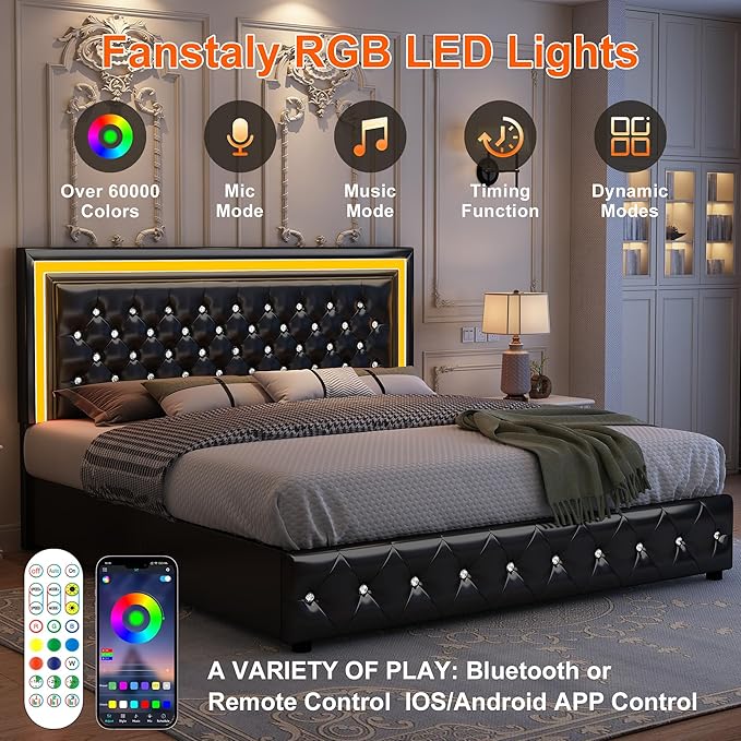 Full Led Bed Frame with 4 Storage Drawers, Bed Frame with Led Lights No Box Spring Needed, 900 lbs Capacity, Easy Assembly, PU Black