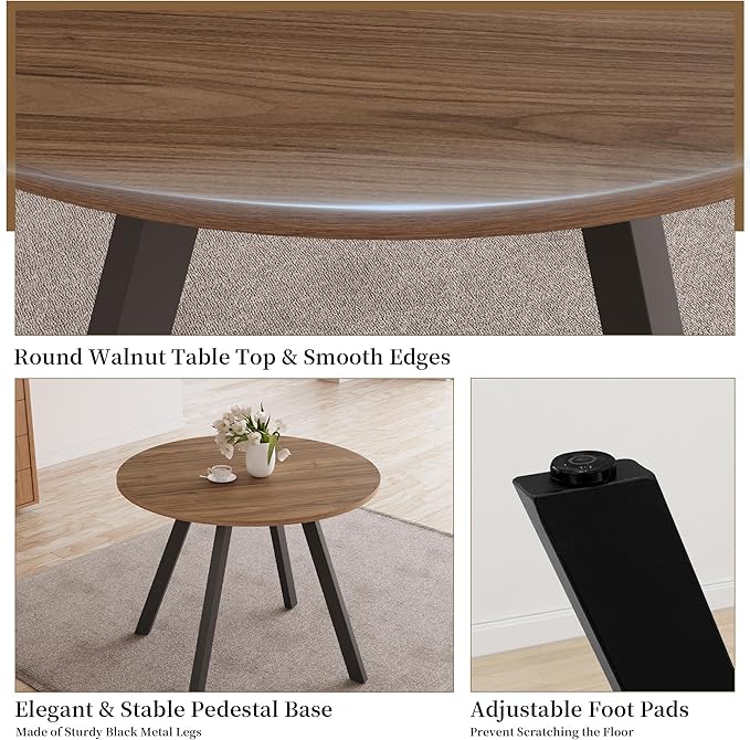 34.6'' Dining Table and Chairs for 2, Mid Century Modern Round Table Set, Space Saving for Apartment Kitchen Dining Room (Walnut Table+2 U-Shaped Black Chairs)