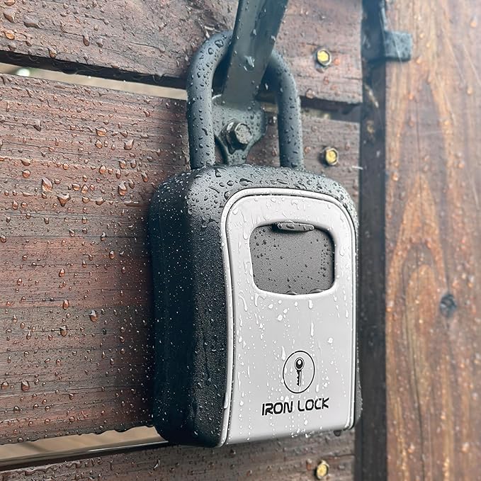 Iron Lock® Key Lock Box Portable with U-Shackle & Wall Mount – Medium Waterproof Heavy-Duty Metal Safe with 4-Digit Combination for Spare Keys Outside on Door Knob, Fence or Gate (Grey, Medium)