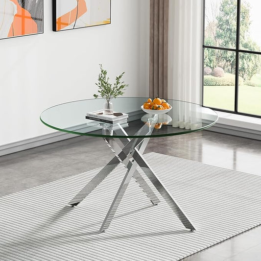 47.24" Round Glass Dining Table Modern Kitchen Glass Top Table for 6 with Silver Metal Legs, Clear Dining Table Kitchen Table for Home Office Dining Room