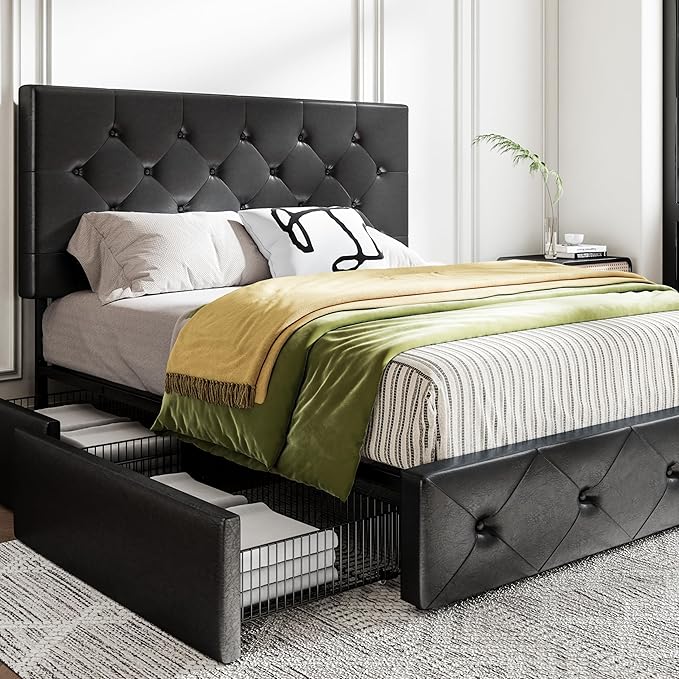 MUTICOR Full Size Bed Frame with 4 Storage Drawers, Upholstered Platform Bed with Button Tufted Adjustable Headboard, No Box Spring Needed, Easy Assembly, Diamond Tufted, Black Leather