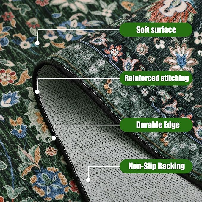 8x10 Vintage Rugs for Living Room, Washable Non Slip Large Area Rug for Bedroom Dining Room Office, Floor Decoration Big Carpet Low-Pile Kid & Pet Friendly Forest Green