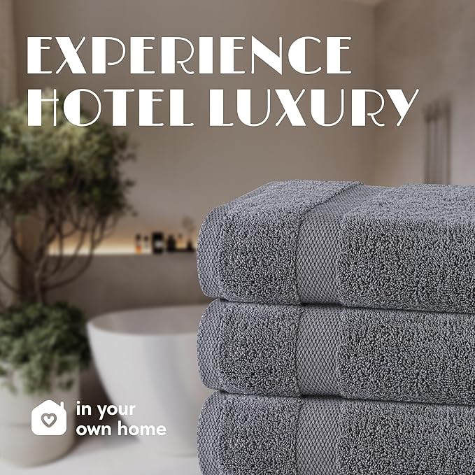 White Classic Wealuxe Grey Towels for Bathroom 6 Pack, Cotton Bath Towel Set for Hotel, Gym, Spa, Soft Extra Absorbent Quick Dry 24x50 Inch