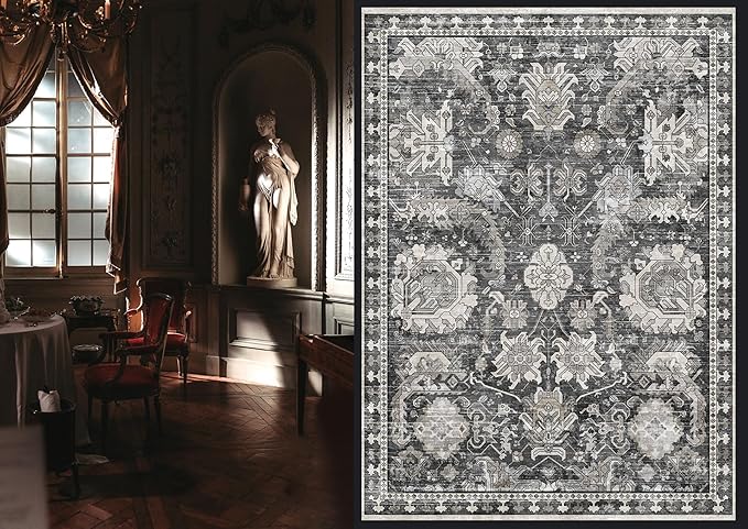 RUGSURE Washable Area Rugs - Perfect for Living Room, Bedroom, Kids Room, Nursery - Stain & Water Resistant Non-Slip, Pet & Child Friendly, Vintage Tribal Area Rugs (Grey, 3' x 5 ')
