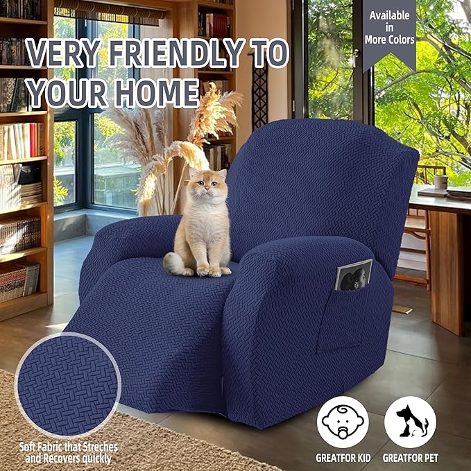 Genina Recliner Chair Covers, Stretch Reclining Chair Cover, Recliner Sofa Slipcovers Stripe Jacquard Lazy Couch Covers Furniture Protector Covers for Pet Kid (Navy Blue, 1 Seat)