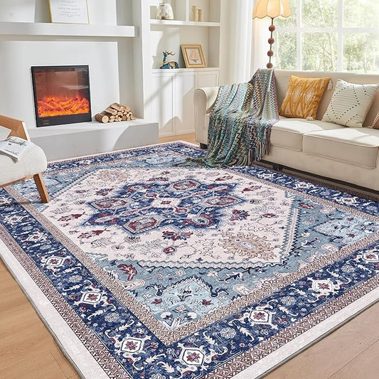 OPPODREAM Thin 6x9 Area Rugs, Washable Rug 6x9 with Non Slip Backing, Faux Cashmere Low-Pile 6 x 9 Carpet, Navy Blue & Red & Cream