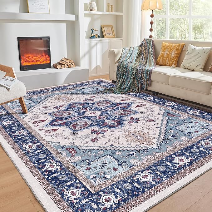 OPPODREAM Thin 8x10 Area Rugs, Washable Rugs 8x10 with Non Slip Backing, Faux Cashmere Low-Pile 8 x 10 Carpet, Navy Blue & Red & Cream