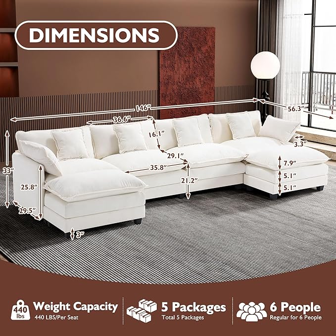 Ihanherry 146" U-Shaped Modern Sofa Modular Sectional Cloud Couch with 2 Ottoman, 6-Seat Chenille Deep Seat Sofa with 6 Pillows for Living Room, Bedroom and Apartment, Beige