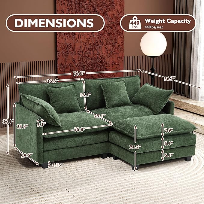 Ihanherry 77" L Shaped Modern Sofa Modular Sectional Cloud Couch with Ottoman, 3-Seat Chenille Deep Seat Sofa with Pillow for Living Room, Bedroom and Apartment, Green