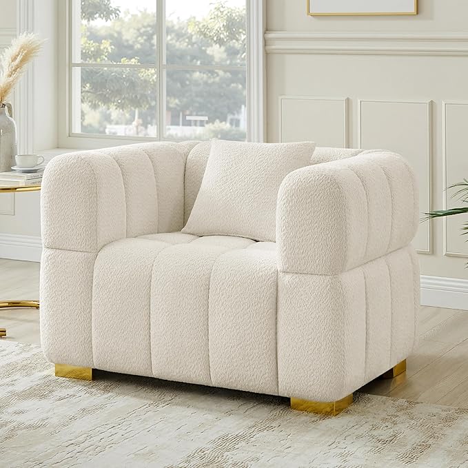 VANOMi Sofa and Chair Set, Modern Deep Seat Couch & Boucle Sofa Chairs, Oversized Upholstered Couch Sets for Living Room, Bedroom, Office, Apartment, White (2 Pieces)