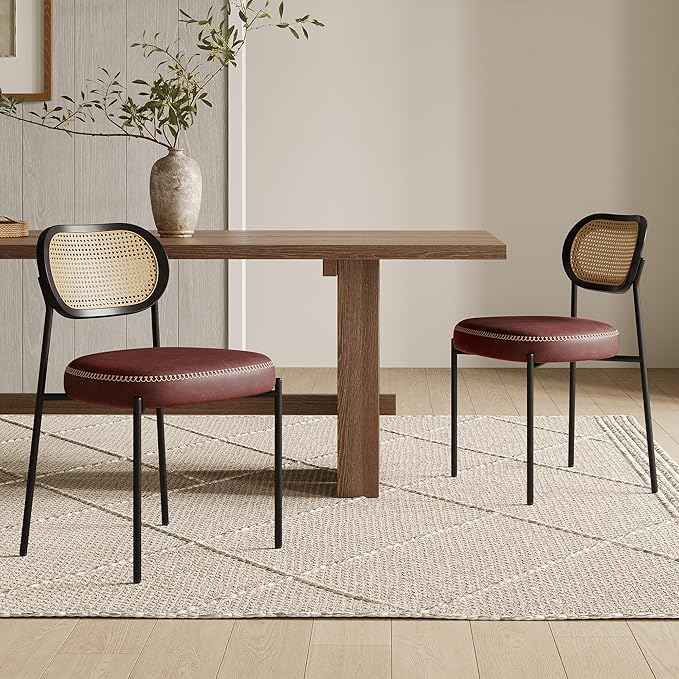 Rattan Dining Chairs Set of 6, Wine Leather Upholstered Dining Chairs with Rattan Cane Back, Mid Century Modern Dining Room Chairs with Black Metal Legs & D-Shaped Thicken Cushion, Wine