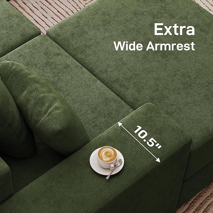 Living&Giving 128" U-Shaped Cloud Sectional Couch for Living Room, Cloud Boneless Couch-No Assembly with Reversible Chaise, Customizable 4-Seat Modular Sectional Sofa with 3 Ottoman, Green