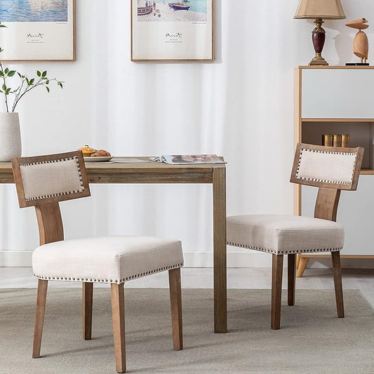 Mid Century Modern Dining Chairs Set of 2 Linen Fabric Upholstered Kitchen Side Chairs with Nailhead Trim, Modern Kitchen Armless Solid Wood Dining Chairs, Beige