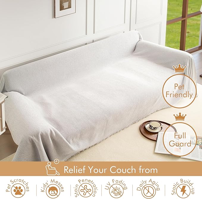 Couch Cover for 3-4 Cushion Couch Sofa Pet Friendly, Chenille Sectional L Shaped Sofa Cover Washable for Dogs Cats Kids, Furniture Protector Slipcover Decor for Living Room, 91"x150"