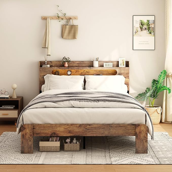 Wooden King Size Bed Frame with Storage Headboard, Farmhouse Platform Bedframe with Charging Station & Led Lights, Sturdy Wood Slat Framework, Easy Assembly (Rustic Brown Led)