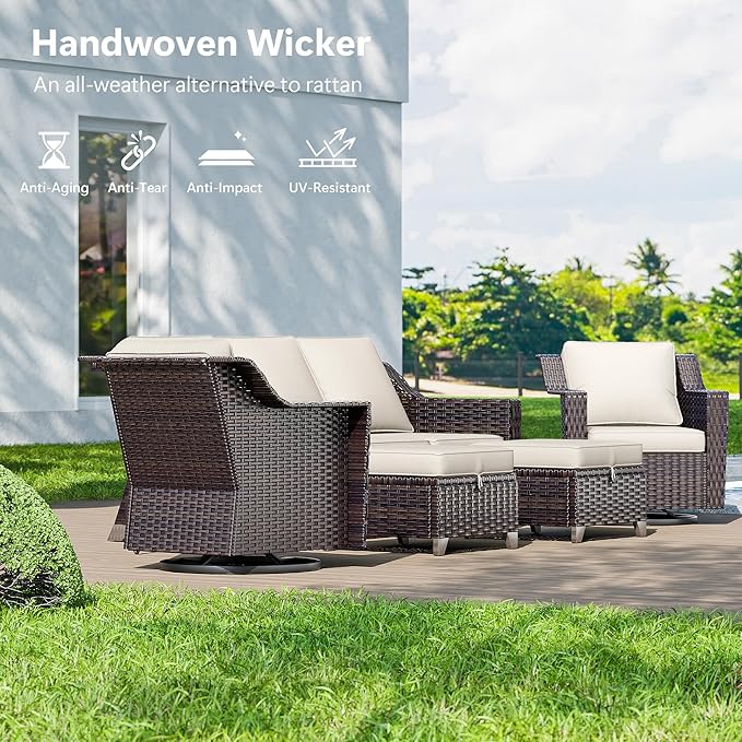 Wicker Patio Swivel Chairs, Outdoor Rocking Chair with Wide Armrest, Thickened Cushions, Patio Rattan Furniture for Deck, Porch Use