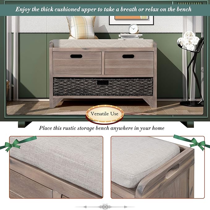 Fully Assembled Storage Bench with Cushioned Seat, 2 Drawers & Removable Basket, Solid Wood Entryway Shoe Bench for Bedroom, Hallway, Living Room (White Washed)