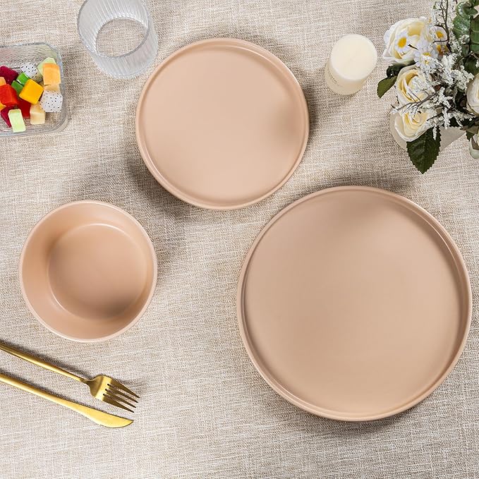 Dinnerware Sets for 4 - CJDC-QUELO 12-Piece Stoneware Plates and Bowls Sets, Ceramic Dishware Sets for Kitchen Use and Formal Dining, Chip and Scratch Resistant Microwave Dishwasher Safe, Brown