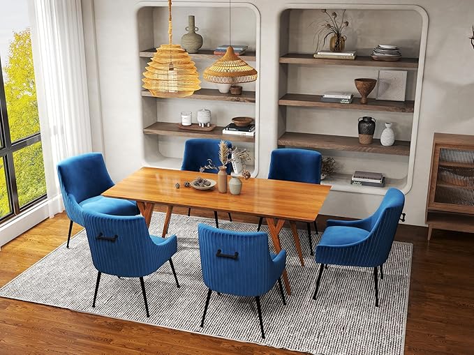 Velvet Dining Chairs Set of 8,Blue Upholstered Living Room Chairs with Black Metal Legs, Modern Tufted Accent Chairs for Living Room, Study Room, Kitchen