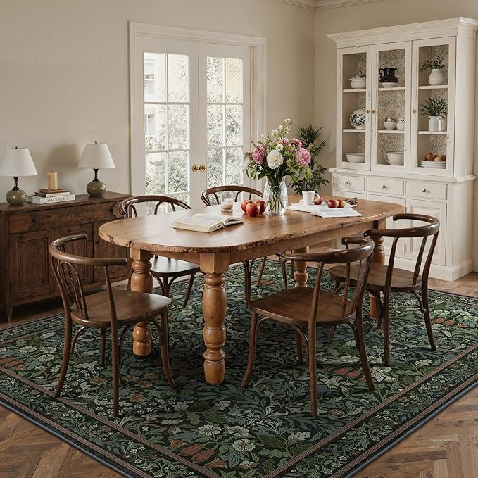 GENIMO 9x12 Washable Area Rug, Non-Slip Vintage Boho Floral Carpet, Soft Low-Pile Thin Large Living Room Rug for Bedroom, Dining Room, Nursery, Dark Green