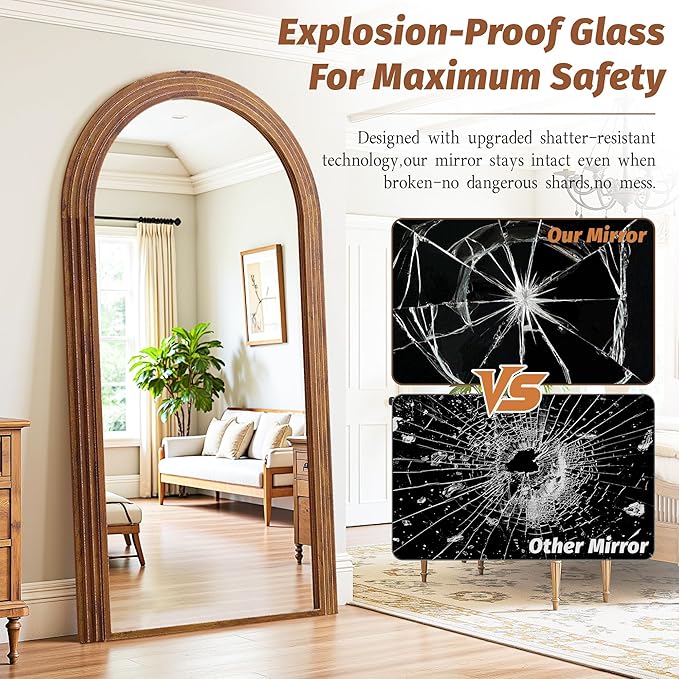 Antok Full Length Mirror 76"×41" Floor Mirror Standing Tall Mirror, Arched Stand up Large Wall Mirrors, Freestanding Full Body Mirrors for Bedroom Living Room Wood Vintage Style Brown