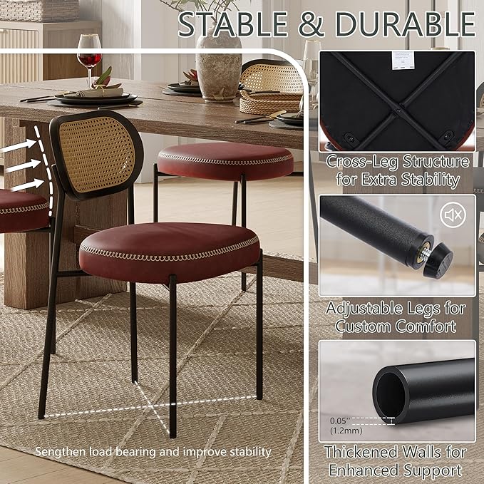 Rattan Dining Chairs Set of 4, Wine Leather Upholstered Dining Chairs with Rattan Cane Back, Mid Century Modern Dining Room Chairs with Black Metal Legs & D-Shaped Thicken Cushion, Wine