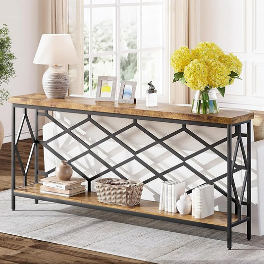karlott 71" Extra Long Entryway Table, Narrow Console Table, Industrial Sofa Behind Couch Table with Open Storage Shelf, Hallway Table for Entryway, Living Room, Foyer, Entrance, Unique Design, Brown