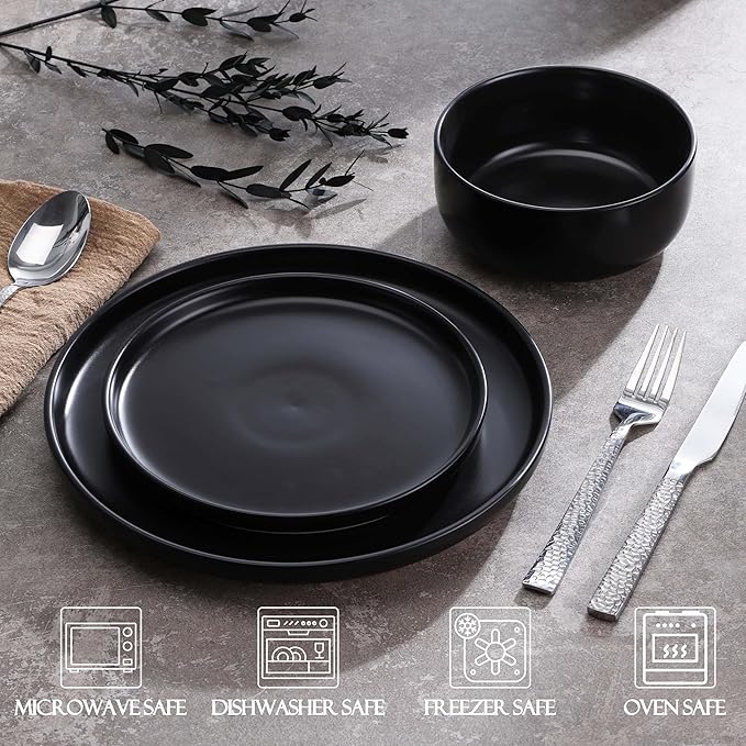 LIANYU 18PCS Dinnerware Plates and Bowls Sets, Ceramic Dishes Set for 6, Stoneware Dinner Dessert Salad Plates Cereal Bowls, Scratch Resistant Dishware, Microwavable & Dishwasher Safe, Matte Black