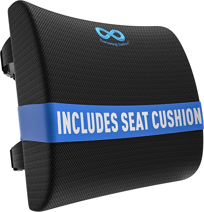 Everlasting Comfort Lumbar Support Pillow for Office Chair - Memory Foam Back Cushion for Car Seat - Promotes Better Posture, Back Pain Relief - Ideal Gaming and Desk Chairs Work and Home Essentials
