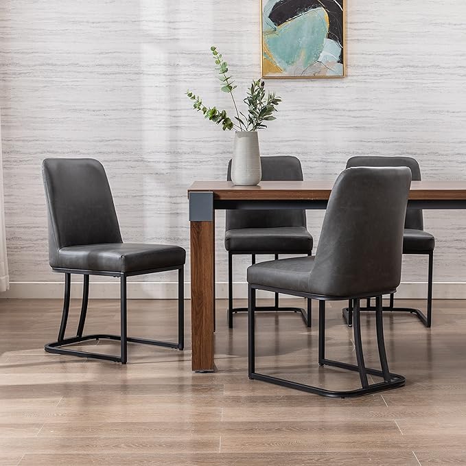 Charcoal PU Leather Dining Chairs Set of 2 Mid Century Modern Comfortable Dining Room Chair with Curved Backrest, Upholstered Kitchen Side Chairs with Black Metal Legs