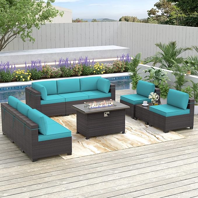 Kurapika 10 Pieces Patio Furniture Set, Rattan Wicker Outdoor Conversation Sets w/43in Propane Fire Pit Table and 4 Inch Cushion(Blue)
