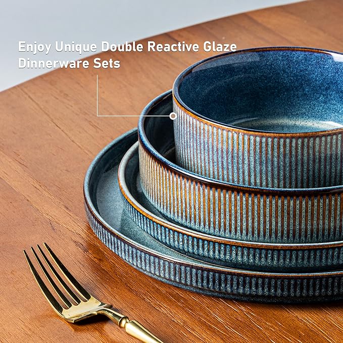 GBHOME Stoneware Dinnerware Sets for 8,Round Reactive Glaze Ceramic Plates and Bowls Set,Highly Scratch Resistant| Dishwasher & Microwave Safe Dishes Set,Service for 8(24Pcs),Ceylon Blue