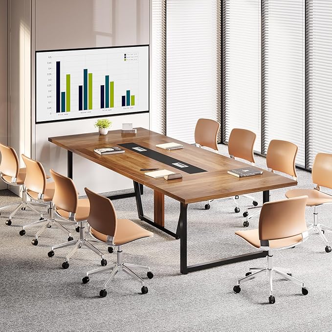 LITTLE TREE 8FT Conference Table for 10 People, Large Meeting Table, Modern Conference Room Tables with Cable Management, Training Tables with Strong Metal Legs for Office, Brown