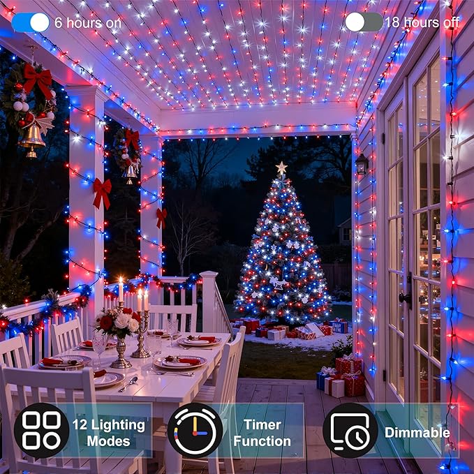 470FT 1500LED Christmas Lights, 12 Modes Red Blue and White Outdoor String Lights with Timer & Dimmable, Waterproof Green Wire Christmas String Lights for Indoor Tree Xmas Patio Fence Wedding Party