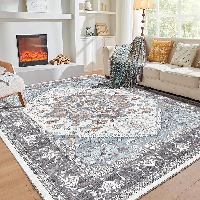 OPPODREAM Thin 8x10 Area Rugs, Washable Rugs 8x10 with Non Slip Backing, Faux Cashmere Low-Pile 8 x 10 Carpet, Grey & Teal & Yellow