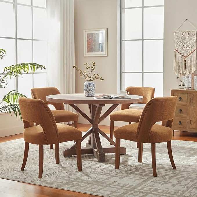 VKNOW Wooden Dining Chairs Set of 2, Modern Fabric Upholstered Dining Room Chair Kitchen Chairs, Farmhouse Dinner Chair for Kitchen Dining Room, Orange