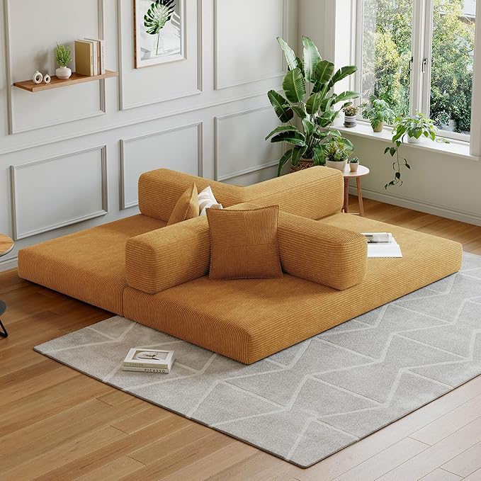 Compressed Sleeper sofa bed,Convertible Floor Boneless Couch-With Comfy Pillow,Modular Modern Corduroy Sofa for living room Bedroom Lounge Studio-With Fixed-shape Frame and support Armrest(Yellow)